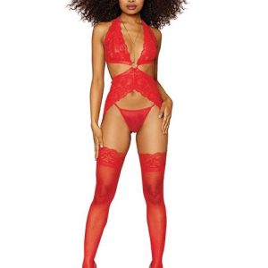 (D) LACE GARTER SLIP SET W/ GO HARDWARE LIPSTICK RED O/S