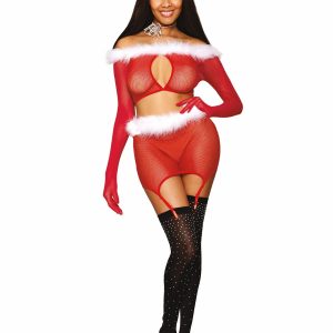 SANTA BABY SEAMLESS FISHNET 2PC GARTER SET RUBY O/S