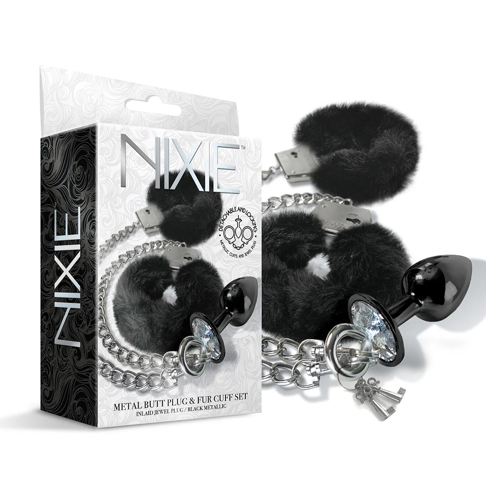 NIXIE METAL BUTT PLUG & FURRY CUFF SET BLACK